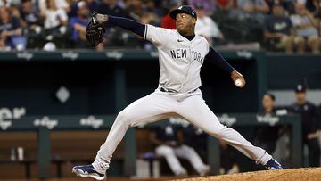 ARLINGTON, TX - OCTOBER 4: Aroldis Chapman #54 of the New York Yankees pitches against the Texas Rangers during the seventh inning in game one of a double header at Globe Life Field on October 4, 2022 in Arlington, Texas.   Ron Jenkins/Getty Images/AFP
