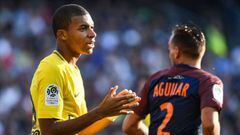 Paris Saint-Germain&#039;s French forward Kylian Mbappe reacts during the French Ligue 1 football match between Paris Saint-Germain (PSG) and Montpellier on September 23, 2017 at the Stade de la Mosson stadium in Montpellier, southern France. / AFP PHOTO 
