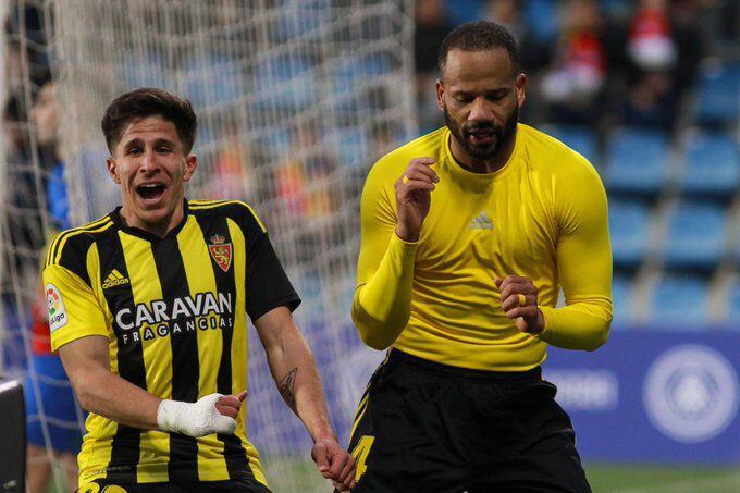 Bebé celebra el gol de la victoria del Zaragoza en Andorra en su debut.