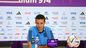 DOHA, QATAR - NOVEMBER 30: Lionel Scaloni, Head Coach of Argentina, attends the post match press conference after the FIFA World Cup Qatar 2022 Group C match between Poland and Argentina at Stadium 974 on November 30, 2022 in Doha, Qatar. (Photo by Michael Regan - FIFA/FIFA via Getty Images)
