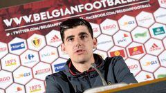 Belgium&#039;s goalkeeper Thibaut Courtois holds a press conference in Brussels on March 25, 2016 ahead of a friendly football match against Portugal. 