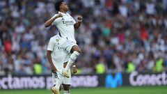 Real Madrid's Brazilian forward Rodrygo celebrates scoring his team's fourth goal during the Spanish league football match between Real Madrid CF and UD Almeria at the Santiago Bernabeu stadium in Madrid on April 29, 2023. (Photo by Thomas COEX / AFP)