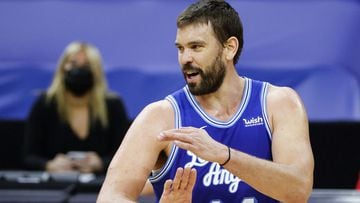 PHILADELPHIA, PENNSYLVANIA - JANUARY 27: Marc Gasol #14 of the Los Angeles Lakers reacts to a call against the Philadelphia 76ers at Wells Fargo Center on January 27, 2021 in Philadelphia, Pennsylvania. NOTE TO USER: User expressly acknowledges and agrees