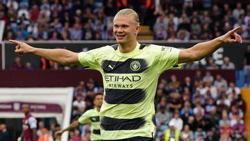 Manchester City's Erling Haaland celebrates scoring their side's first goal of the game during the Premier League match at Villa Park, Birmingham. Picture date: Saturday September 3, 2022. (Photo by Nick Potts/PA Images via Getty Images)