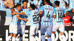 Picture released by Photosport showing Magallanes' Christian Vilches (2-L) celebrating with teammates after scoring against Always Ready during the Conmebol Libertadores stage two first leg football match at the El Teniente stadium in Rancagua, Chile. (Photo by Jorge LOYOLA / PHOTOSPORT CHILE / AFP) / - Chile OUT / RESTRICTED TO EDITORIAL USE  - MANDATORY CREDIT "AFP PHOTO / PHOTOSPORT / JORGE LOYOLA" - NO MARKETING - NO ADVERTISING CAMPAIGNS - DISTRIBUTED AS A SERVICE TO CLIENTS