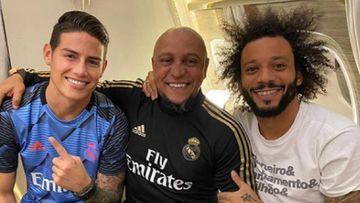 James Rodr&iacute;guez con Roberto Carlos y Marcelo.