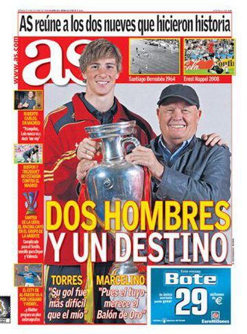 AS united the two men who scored the winning goals in both of their European Championship triumphs - Fernando Torres and Marcelino, in October 2008. "Marcelino's goal was more difficult to score than mine" admitted Torres, "His winner was worth the Ballon