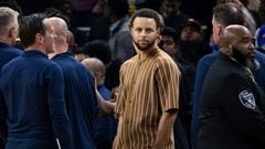 Nov 14, 2023; San Francisco, California, USA; Golden State Warriors guard Stephen Curry (30) watches during referee review during the first half against the Minnesota Timberwolves at Chase Center. Mandatory Credit: John Hefti-USA TODAY Sports