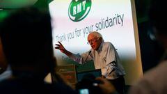 US senator Bernie Sanders speaks during a RMT (Rail, Maritime and Transport Workers) union rally in support of London transport workers, at the Trades Union Congress (TUC) headquarters in London, on August 31, 2022. (Photo by CARLOS JASSO / AFP) (Photo by CARLOS JASSO/AFP via Getty Images)