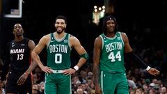 May 25, 2023; Boston, Massachusetts, USA; Boston Celtics forward Jayson Tatum (0) and center Robert Williams III (44) react during the third quarter against the Miami Heat in game five of the Eastern Conference Finals for the 2023 NBA playoffs at TD Garden. Mandatory Credit: Winslow Townson-USA TODAY Sports