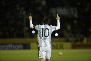 Argentina's Lionel Messi celebrates after scoring against Ecuador during their 2018 World Cup qualifying soccer match at the Atahualpa Olympic Stadium in Quito, Ecuador, Tuesday, Oct. 10, 2017.