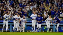 Los Angeles Dodgers players run onto the field to celebrate