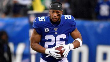EAST RUTHERFORD, NEW JERSEY - DECEMBER 29: Saquon Barkley #26 of the New York Giants warms up prior to the game against the Philadelphia Eagles at MetLife Stadium on December 29, 2019 in East Rutherford, New Jersey. (Photo by Sarah Stier/Getty Images)