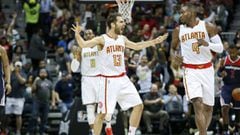 Apr 24, 2017; Atlanta, GA, USA; Atlanta Hawks guard Jose Calderon (13) reacts after making a basket against the Washington Wizards in the second quarter in game four of the first round of the 2017 NBA Playoffs at Philips Arena. Mandatory Credit: Brett Dav