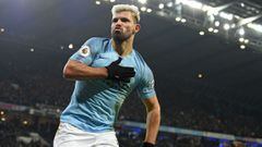 Manchester City&#039;s Argentinian striker Sergio Aguero celebrates after scoring the opening goal of the English Premier League football match between Manchester City and Liverpool at the Etihad Stadium in Manchester, north west England, on January 3, 20