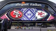 LAS VEGAS, NEVADA - FEBRUARY 01: A video board displays logos for Super Bowl LVIII at Allegiant Stadium on February 01, 2024 in Las Vegas, Nevada. The game will be played on February 11, 2024, between the Kansas City Chiefs and the San Francisco 49ers.   Ethan Miller/Getty Images/AFP (Photo by Ethan Miller / GETTY IMAGES NORTH AMERICA / Getty Images via AFP)