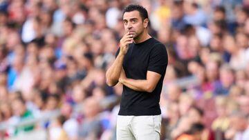 BARCELONA, SPAIN - SEPTEMBER 17: Head coach Xavi Hernandez of FC Barcelona reacts during the LaLiga Santander match between FC Barcelona and Elche CF at Spotify Camp Nou on September 17, 2022 in Barcelona, Spain. (Photo by Alex Caparros/Getty Images)