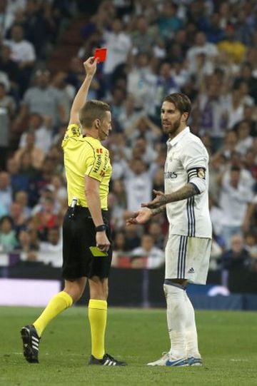 Sergio Ramos (22 reds) His straight red card for a two footed lunge on Leo Messi during Sunday's El Clasico, saw the Camas born defender earn his 22nd red.