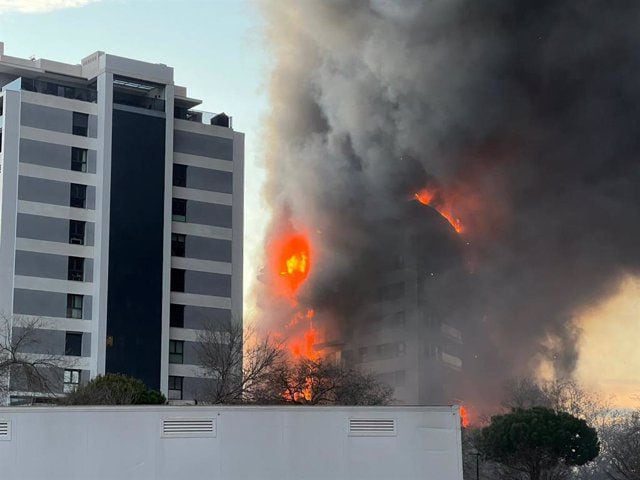 Un incendio abrasa un edificio de 14 plantas en el barrio de Campanar, en Valencia