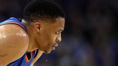 OAKLAND, CA - JANUARY 18: Sweat drips off the face of Russell Westbrook #0 of the Oklahoma City Thunder during their game against the Golden State Warriors at ORACLE Arena on January 18, 2017 in Oakland, California. NOTE TO USER: User expressly acknowledg