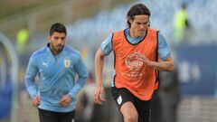 Luis Suarez y Edinson Cavani, en un entrenamiento con Uruguay