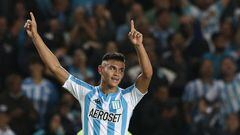 Argentina's Racing Carlos Alcaraz celebrates after scoring a goal against Brazil's Cuiaba during their Copa Sudamericana group stage first leg football match at the Presidente Juan Domingo Peron stadium in Buenos Aires, on April 13, 2022. (Photo by ALEJANDRO PAGNI / AFP) (Photo by ALEJANDRO PAGNI/AFP via Getty Images)
