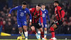 Chelsea's Reece James (left) battles for the ball with Bournemouth's Kieffer Moore and Dominic Solanke (right) during the Premier League match at Stamford Bridge, London. Picture date: Tuesday December 27, 2022. (Photo by John Walton/PA Images via Getty Images)