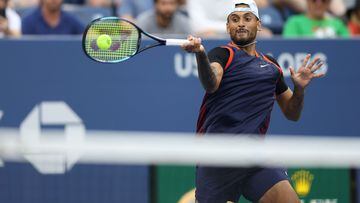 Nick Kyrgios plays a forehand against Benjamin Bonzi in their Men's Singles Second Round match on Day Three of the 2022 US Open.
