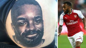 Tatuaje de la cara de Lacazette en la nalga de un aficionado del Arsenal y el jugador franc&eacute;s vistiendo ya en un partido la camiseta &#039;gunner&#039;.