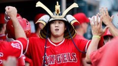 DETROIT, MI - JULY 27: Shohei Ohtani #17 of the Los Angeles Angels celebrates with teammates after hitting a home run during the fourth inning of game two of a doubleheader at Comerica Park on July 27, 2023 in Detroit, Michigan.   Duane Burleson/Getty Images/AFP (Photo by Duane Burleson / GETTY IMAGES NORTH AMERICA / Getty Images via AFP)