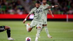 Oct 7, 2023; Austin, Texas, USA; Los Angeles FC forward Denis Bouanga (99) shoots the ball during the first half at Q2 Stadium. Mandatory Credit: Erich Schlegel-USA TODAY Sports