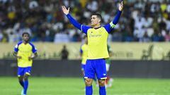 Nassr's Portuguese forward Cristiano Ronaldo gestures during the Saudi Pro League football match between Al-Nassr and Al-Ettifaq at the Prince Mohammed Bin Fahd Stadium in Dammam on May 27, 2023. (Photo by AFP)