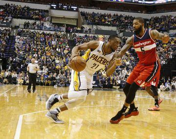 Indiana Pacers forward Thaddeus Young moves in against Washington Wizards forward Markieff Morris.
