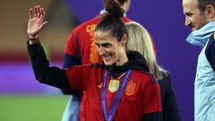 Spain's coach Montserrat Tome celebrates with her medal during the podium ceremony after the UEFA Women's Nations League final football match between Spain and France at the La Cartuja stadium in Seville, on February 28, 2024. (Photo by FRANCK FIFE / AFP)