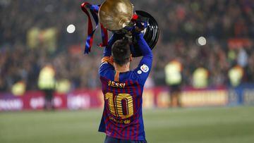 FC Barcelona forward Lionel Messi (10) during the celebration of the victory at the Spanish league championship LaLiga on 27th April 2019 in Barcelona, Spain. 