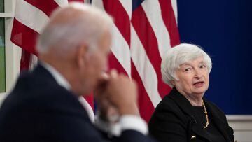 Treasury Secretary Janet Yellen speaks as Joe Biden holds a meeting with business leaders and CEOs about the debt limit at the White House in Washington. 