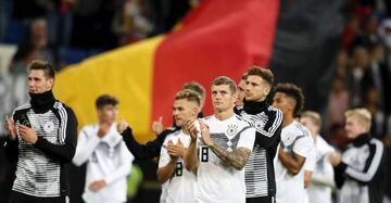 Germany's players celebrate after winning the international friendly soccer match between Germany and Peru in Sinsheim