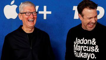 Apple CEO Tim Cook and cast member Jason Sudeikis share a laugh at the premiere for season two of the television series &quot;Ted Lasso&quot; at Pacific Design Center in West Hollywood, California.