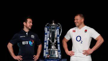 International rugby captains Scotland&#039;s Greg Laidlaw and England&#039;s Dylan Hartley pose for a photograph with the trophy during the official launch of the 2016 Six Nations.