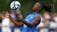 France's defender Eduardo Camavinga controls the ball during a training session in Clairefontaine-en-Yvelines on September 10, 2023 as part of the team's preparation for upcoming friendly football match against Germany. (Photo by FRANCK FIFE / AFP)