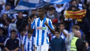 Isak of Real Sociedad celebrates after scoring his team's second goal during the Liga match between Real Sociedad and FC Barcelona
