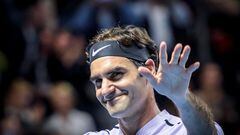 (FILES) In this file photo taken on October 24, 2017 Switzerland's Roger Federer celebrates after winning against Frances Tiafoe of the US at the Swiss Indoors ATP 500 tennis tournament in Basel. - Swiss tennis legend Roger Federer is to retire after next week's Laver Cup, he said on September 15, 2022. (Photo by Fabrice COFFRINI / AFP)