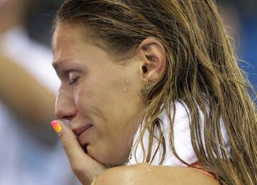 Russia's Yulia Efimova cries after placing second in the women's 100-meter breaststroke final during the swimming competitions at the 2016 Summer Olympics