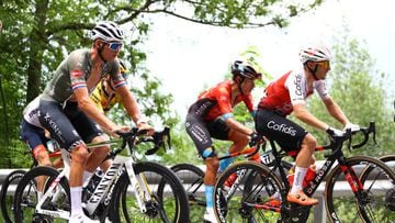 COGNE, ITALY - MAY 22: (L-R) Mathieu Van Der Poel of Netherlands and Team Alpecin - Fenix, Santiago Buitrago Sanchez of Colombia and Team Bahrain Victorious and Rémy Rochas of France and Team Cofidis compete in the breakaway during the 105th Giro d'Italia 2022, Stage 15 a 177km stage from Rivarolo Canavese to Cogne 1622m / #Giro / #WorldTour / on May 22, 2022 in Cogne, Italy. (Photo by Michael Steele/Getty Images)
