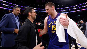 LOS ANGELES, CALIFORNIA - MARCH 02: Nikola Jokic #15 of the Denver Nuggets is greeted by tennis player Novak Djokovic after the game against Los Angeles Lakers at Crypto.com Arena on March 2, 2024 in Los Angeles, California. NOTE TO USER: User expressly acknowledges and agrees that, by downloading and or using this photograph, User is consenting to the terms and conditions of the Getty Images License Agreement.  Kevork Djansezian/Getty Images/AFP (Photo by KEVORK DJANSEZIAN / GETTY IMAGES NORTH AMERICA / Getty Images via AFP)