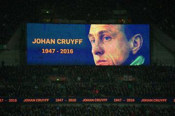 A big screen displaying the face Johan Cruyff during a minute of applause in his memory during the international friendly football match between England and Netherlands at Wembley Stadium.