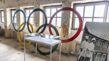 ELSTAL, GERMANY - MAY 17: A set of Olympic rings in abandoned former swim hall at the site of the 1936 Berlin Olympic Village on May 17, 2021 in Elstal, Germany. A German real estate developer called Terraplan is constructing and renovating buildings on a