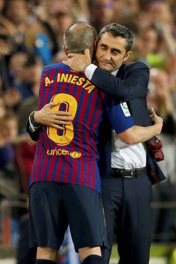 Andres Iniesta walks off the pitch. Iniesta, who joined Barcelona's academy 22 years ago, played his final game for the club.
