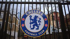 The logo of English Premier League side Chelsea FC on display outside Chelsea's ground at Stamford Bridge