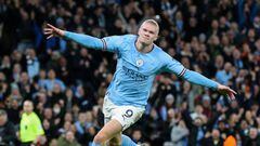 MANCHESTER, ENGLAND - MARCH 18: Manchester City's Erling Haaland celebrates scoring the opening goal during the Emirates FA Cup Quarter-Final match between Manchester City and Burnley at Etihad Stadium on March 18, 2023 in Manchester, England. (Photo by Alex Dodd - CameraSport via Getty Images)